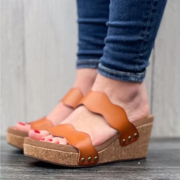 Corkys Footwear Obviously cognac brown Scalloped Double Strap Wedges - Picture 4 of 7